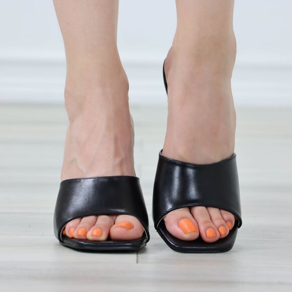 Black High Heel Sandals Square Open Toe Slip On Mules Stiletto's - Picture 2 of 11